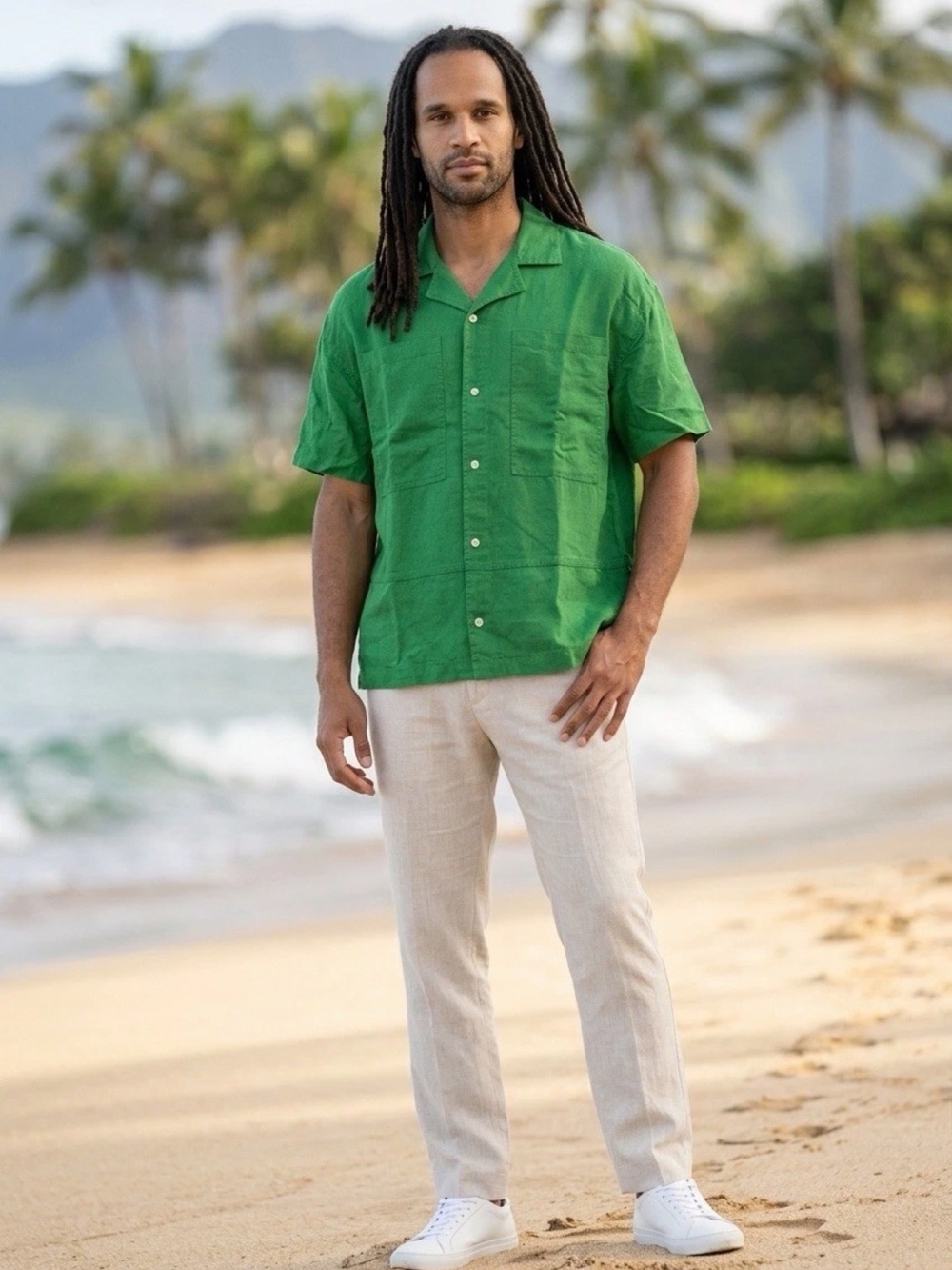 Zara Mens Medium Green Linen Blend Short-Sleeve Button-Up Shirt Casual Shirt